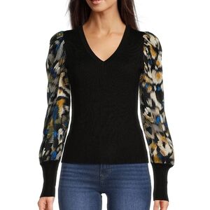DKNY Black V-Neck Sweater with Printed Puff Sleeves